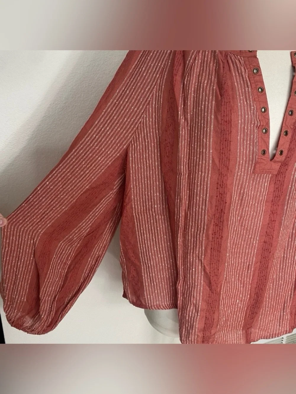 Free People Women Burnt Red Stripe Gauzy Peasant Oversize Blouse Size Large Boho